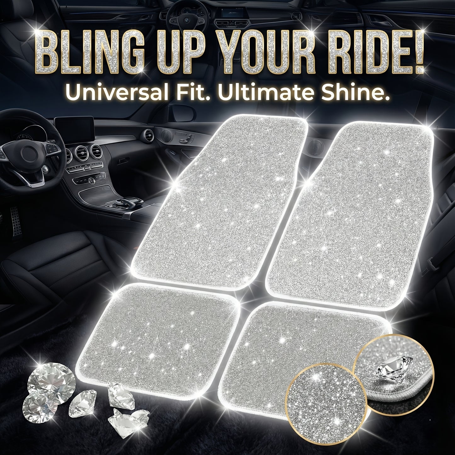 4/8pcs Set for Women Flash Crystal Car Floor Mats Sparkling Durable Waterproof Non-Slip Auto Foot Pads, Fashionable Car Interior Flooring And Carpeting, Easy-To-Clean Auto Interior for Cars, Universal Floor MATS, Christmas Present