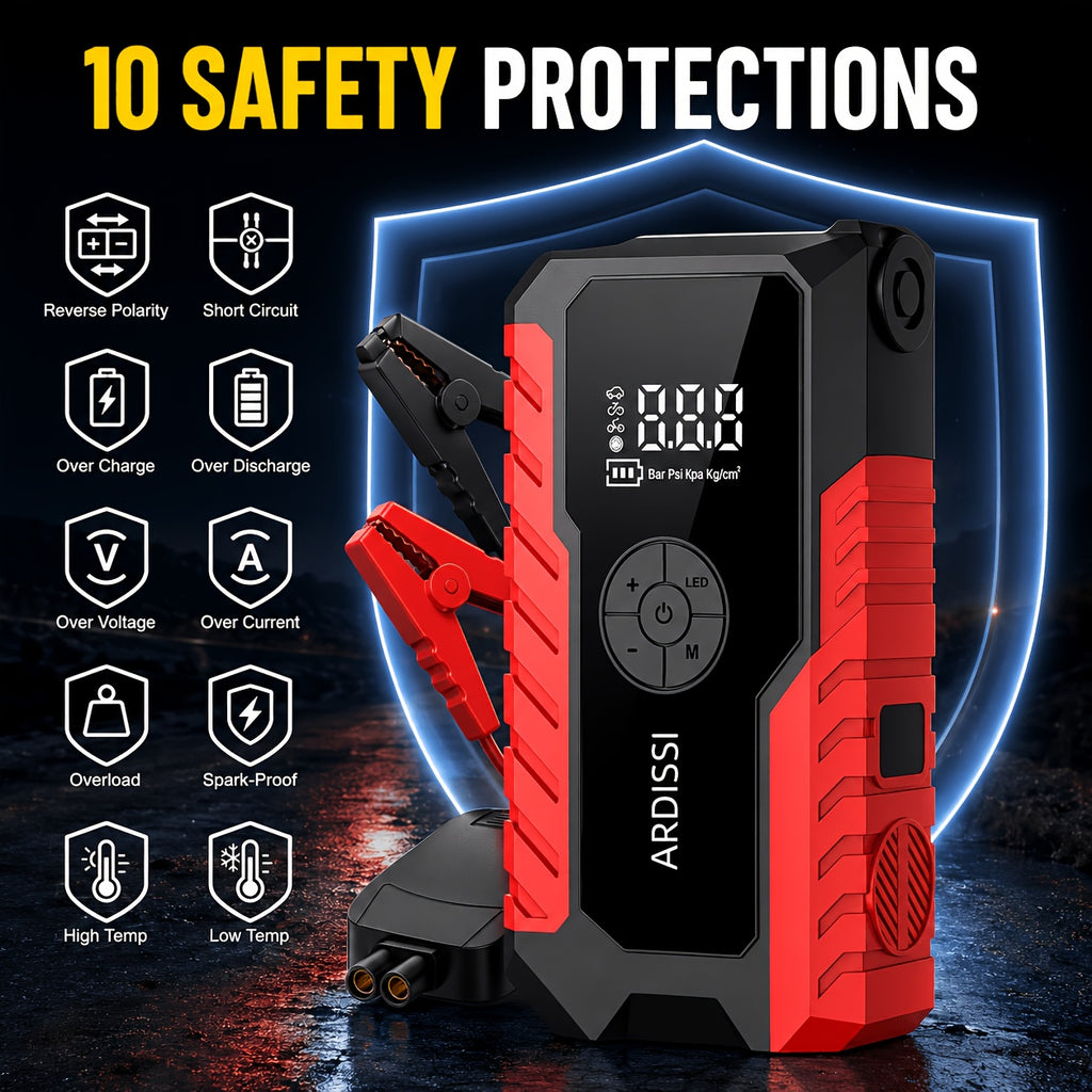 10000A 7-In-1 Multifunctional Emergency Jump Starter with 150PSI Air Pump, Digital Tire Inflator, Portable Car Battery Charger, Up to 2.64gal Gas/2.38gal Diesel, LED Emergency Light & USB Charging, Car Emergency Tool. Suitable As a Holiday Gift