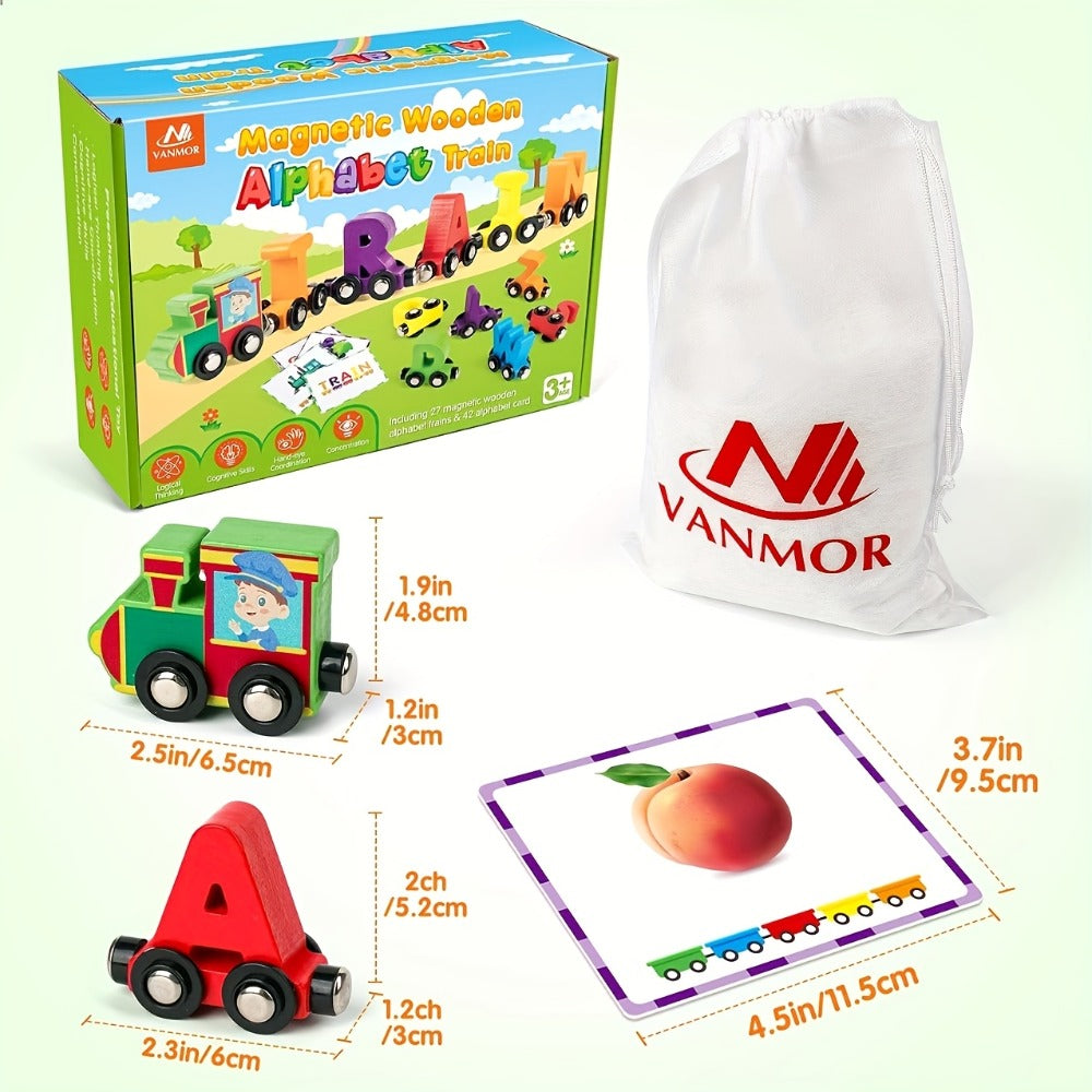 Magnetic Wooden Alphabet Train Set 27PCS ABC Letter Learning Toy with 42 Double-Sided Flash Cards, Engine & Storage Bag – Educational STEM Gift for Boys & Girls Ages 3-6