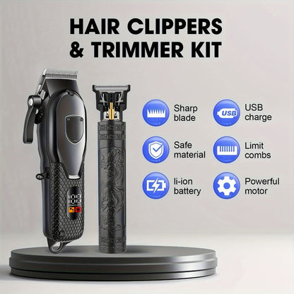 Electric Hair Clipper Set with LCD Screen - USB Rechargeable Hair Trimmer Kit with T-Blade, Guide Combs, Nose Hair Trimmer, Professional Grooming Kit for Men & Women, Home & Barber Shop Use