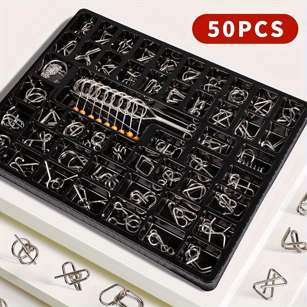 Metal Brain Teaser Puzzle Set 50 Pack – Golden Unlock Iron Chain Link Toys, Nine Rings Kongming Lock, IQ Logic Games for Kids & Adults, Party Favor Stocking Stuffer Halloween Christmas Gift
