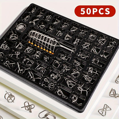 Metal Brain Teaser Puzzle Set 50 Pack – Golden Unlock Iron Chain Link Toys, Nine Rings Kongming Lock, IQ Logic Games for Kids & Adults, Party Favor Stocking Stuffer Halloween Christmas Gift