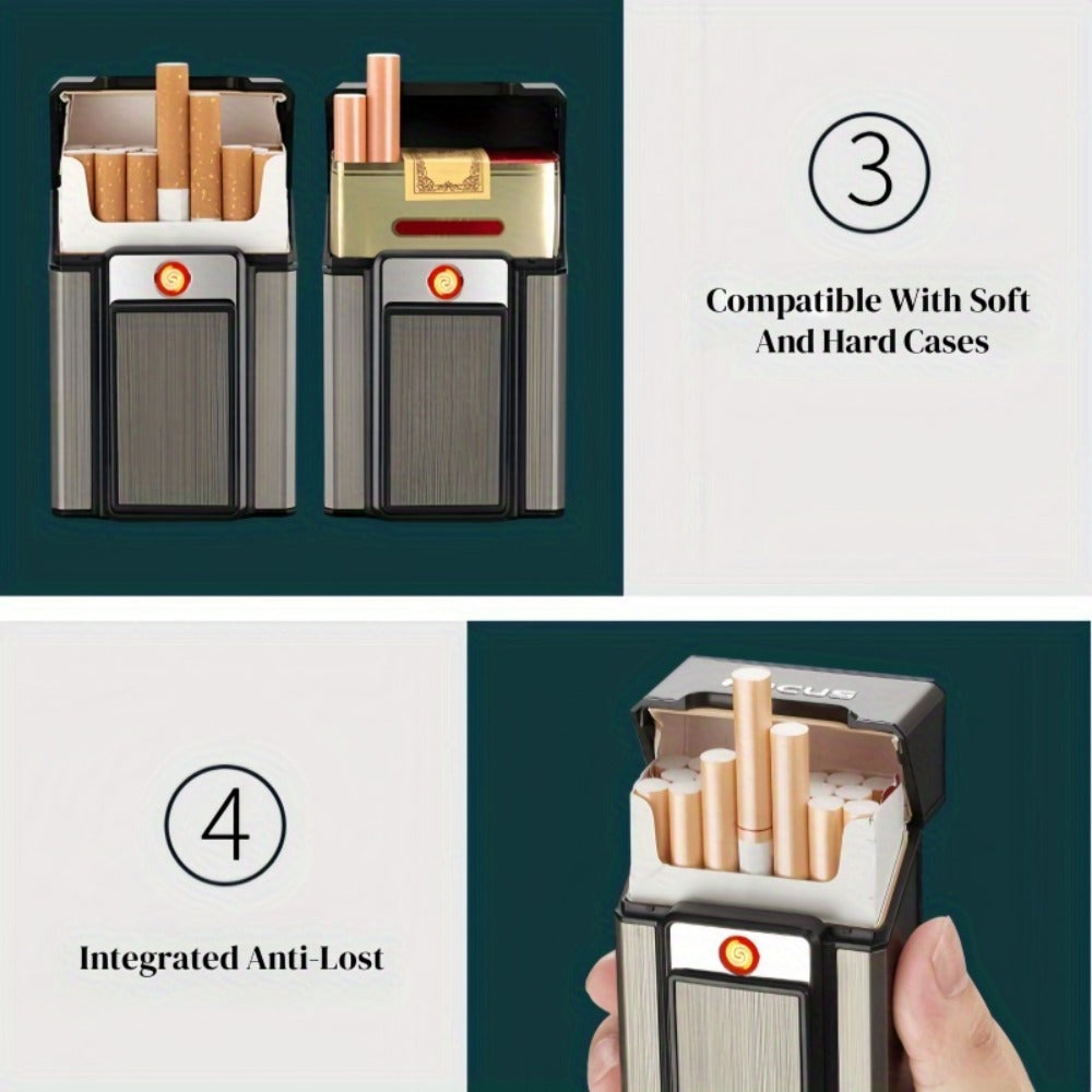 Cigarette Case with Built-in USB Rechargeable Lighter, Tungsten Filament Windproof Electric Igniter, One-Button Pop-Up, Holds 20 Cigarettes, Compatible with Soft & Hard Packs – Travel Cigarette Holder