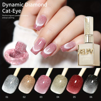 Cat Eye Magnetic Gel Nail Polish Set 6 Colors - Sparkling Stars Dynamic Rhinestone UV LED Soak Off Long Lasting Photo Frame Bottle Nail Art Kit for Women Home Salon
