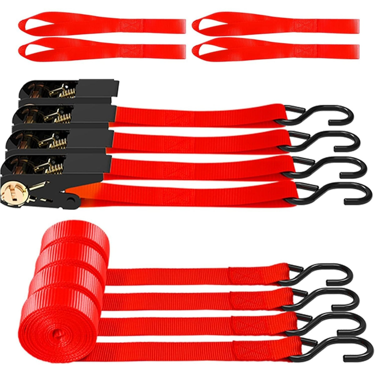 4-Pack Ratchet Tie Down Straps with 4 Soft Loops – 15FT, 1500 lbs Breaking Strength, Heavy Duty for Moving, Motorcycle, Lawn Gear, Multi-Color (Orange, Blue, Camo, Green, Red, Yellow)