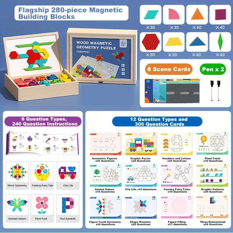 Magnetic Wooden Puzzle Board for Kids – 128/180/220/280 PCS Geometric Shape Recognition & Logical Thinking Toy, STEM Montessori Educational Gift for Boys & Girls Ages 3 4 5 6 7 8