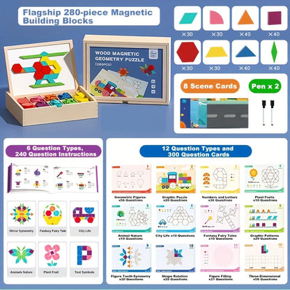 Magnetic Wooden Puzzle Board for Kids – 128/180/220/280 PCS Geometric Shape Recognition & Logical Thinking Toy, STEM Montessori Educational Gift for Boys & Girls Ages 3 4 5 6 7 8
