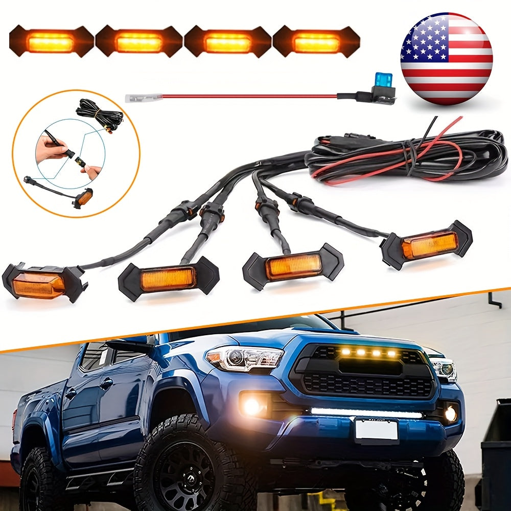 4pcs LED Amber Off-Road Vehicle Lights, LED Grille Lights Set of 4, Amber Accent Lighting Kit for Vehicle Front Grill, 12V Hardwired Automotive Decoration Lights, Universal Fit with LED Source, No Battery Required