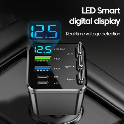 7-in-1 Car Fast Charger with 3 Retractable Cables, LED Digital Display, 180° Adjustable Arm, Universal Plug – Multi-Port USB Car Phone Charger for iPhone Android