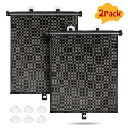 Set of 2 Car Window Curtains with One-Click Storage, Made of PVC in Black. These Retractable Side Curtains Are Easy to Install And Effectively Block UV Rays And Intense Sunlight. They Serve As Anti-Glare Heat Shields