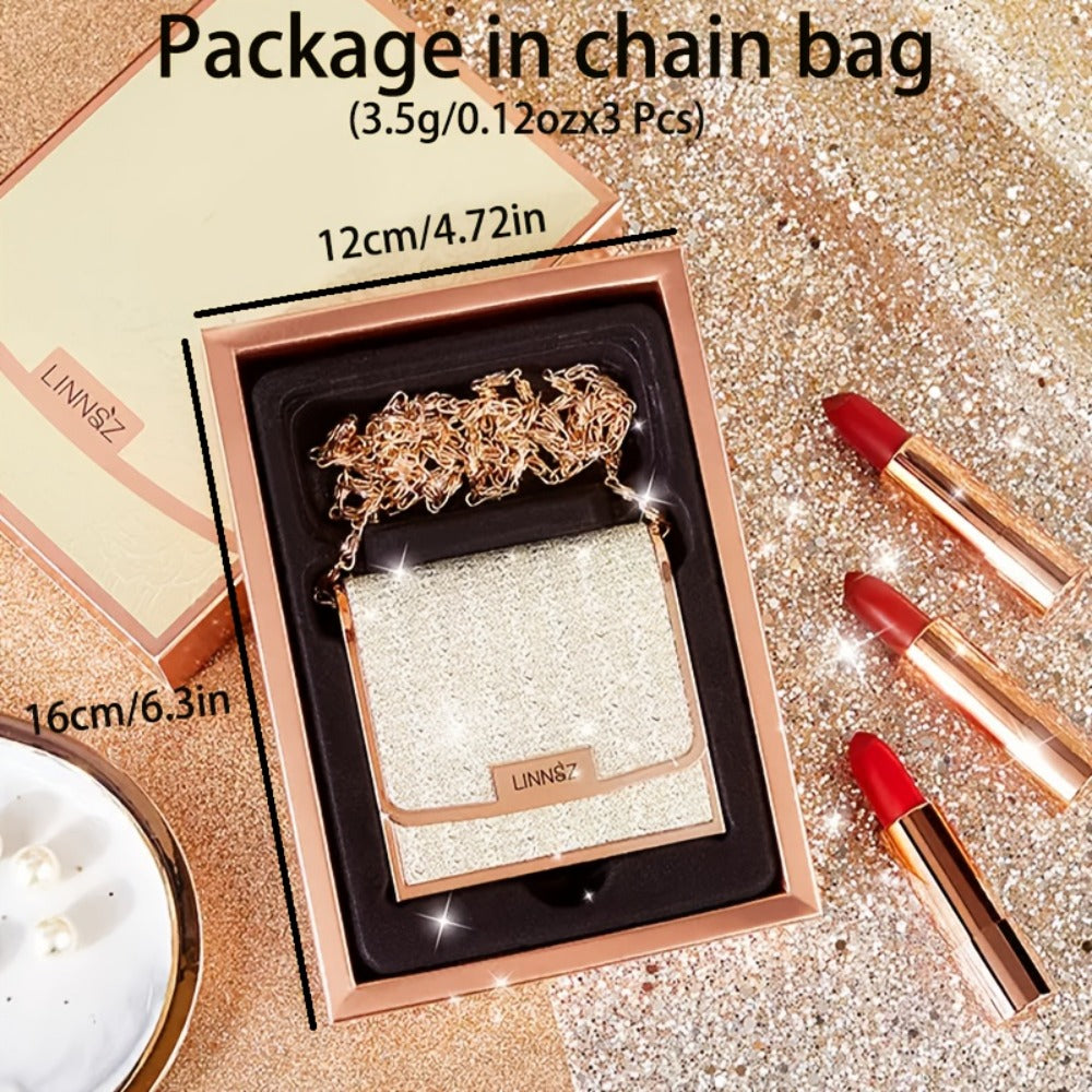 Matte Lipstick Gift Set 3 Pack Velvet Waterproof Long-Lasting Anti-Fading Intense Pigment Full Coverage Lip Color with Elegant Silvery Chain Bag for Women