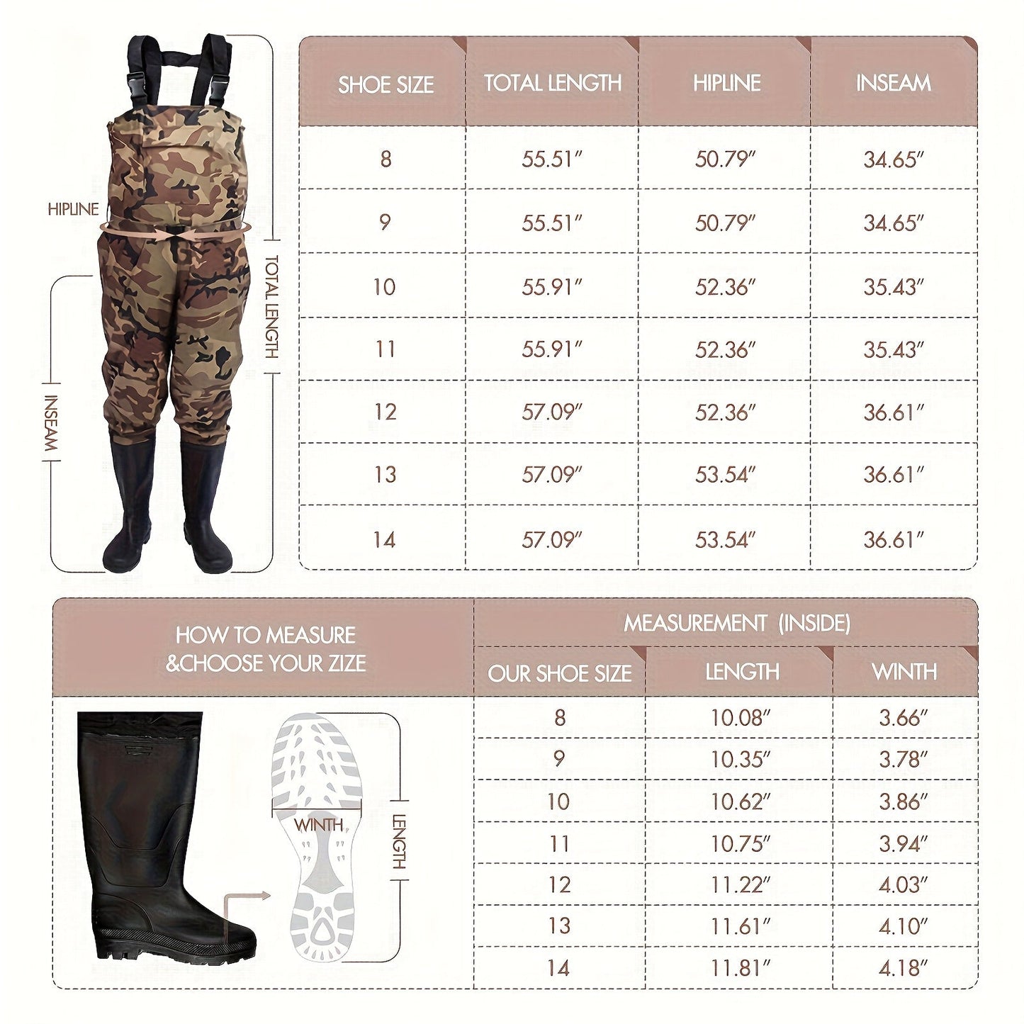 Fishing Waders with Boots for Men & Women – 3-Ply Nylon Lightweight Breathable Wading Pants with PVC Lining, Anti-Slip Sole & Pockets – Camo & Brown, US Size 8–14 for Hunting & Outdoor