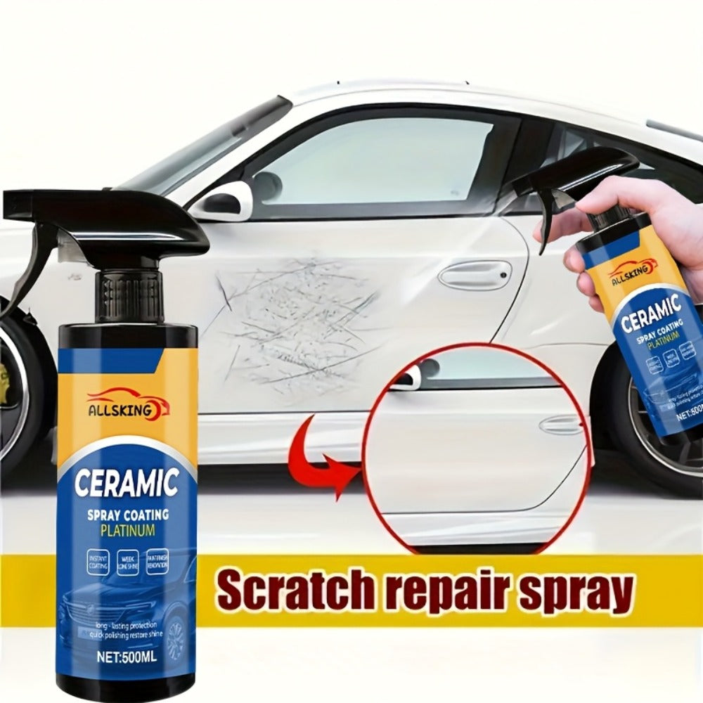 Ceramic Coating Spray for Cars - 3-in-1 Nano Polish, Scratch-Resistant Glossy Protective Layer, Compatible with All Paint Types, Includes Sponge & Towel (16.91oz)