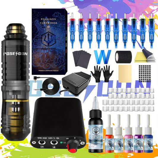 Rotary Tattoo Kit for Beginners Complete - POSEIDON Tattoo Pen Machine with Power Supply Foot Pedal 10 Needles 6 Color Inks Practice Skin Transfer Paper Full Tattoo Supplies for Artists