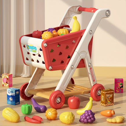 Kids Pretend Play Shopping Cart Toy Set with Realistic Food & Grocery Accessories – Supermarket Role Play for Toddlers Girls Boys Ages 3+, Blue, Birthday Christmas Gift