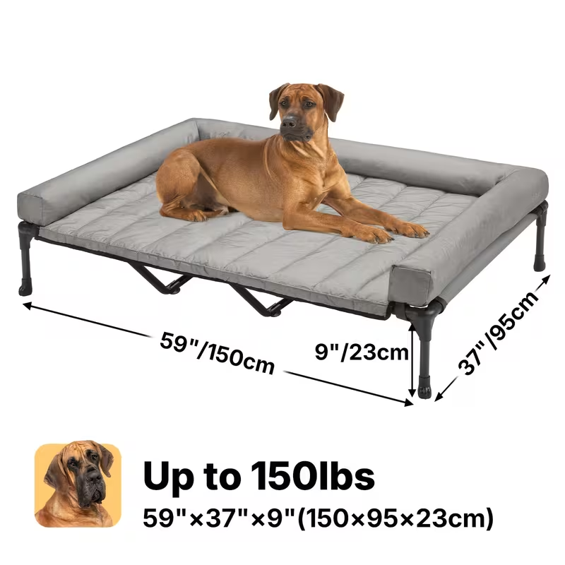 Elevated Dog Bed with Cooling Mesh & Removable Bolster Pillow Top Mat – Raised Dog Cot Bed, No-Slip Feet, Breathable Dog Sofa Bed for Indoor & Outdoor Use