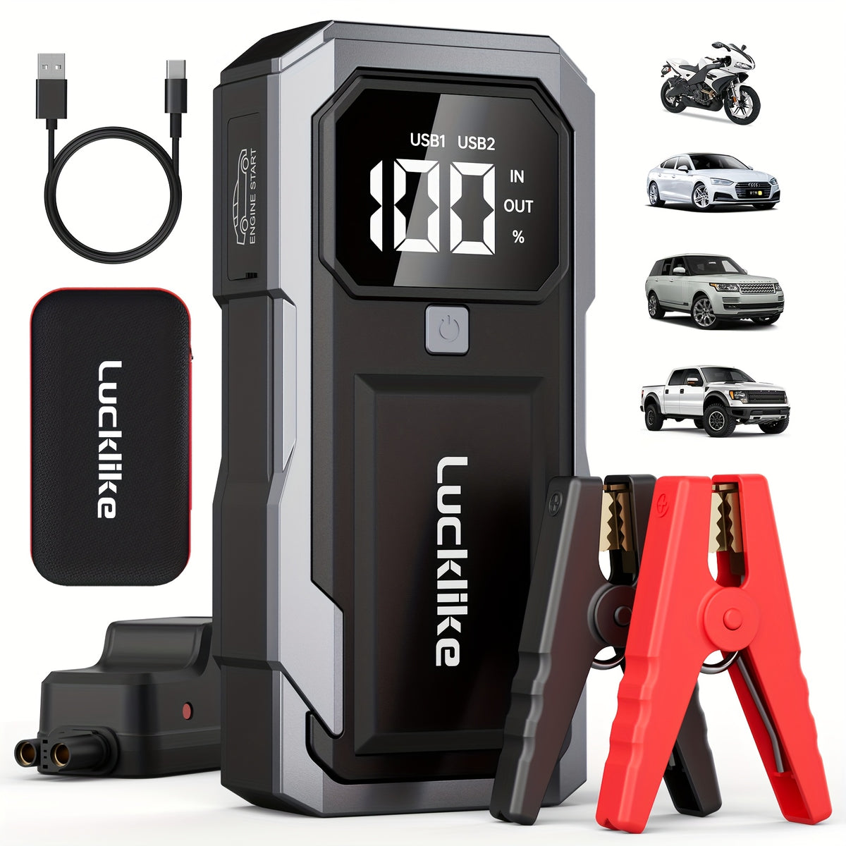 5000A Portable Car Battery Jump Starter And 12V Car Battery Charger - Lucklike Battery Pack for 2.11gal Gas/1.85gal Diesel Engines, Jump Box with Quick Charge, Intelligent Jumper Cables, LED Light, And High-Capacity Power Bank