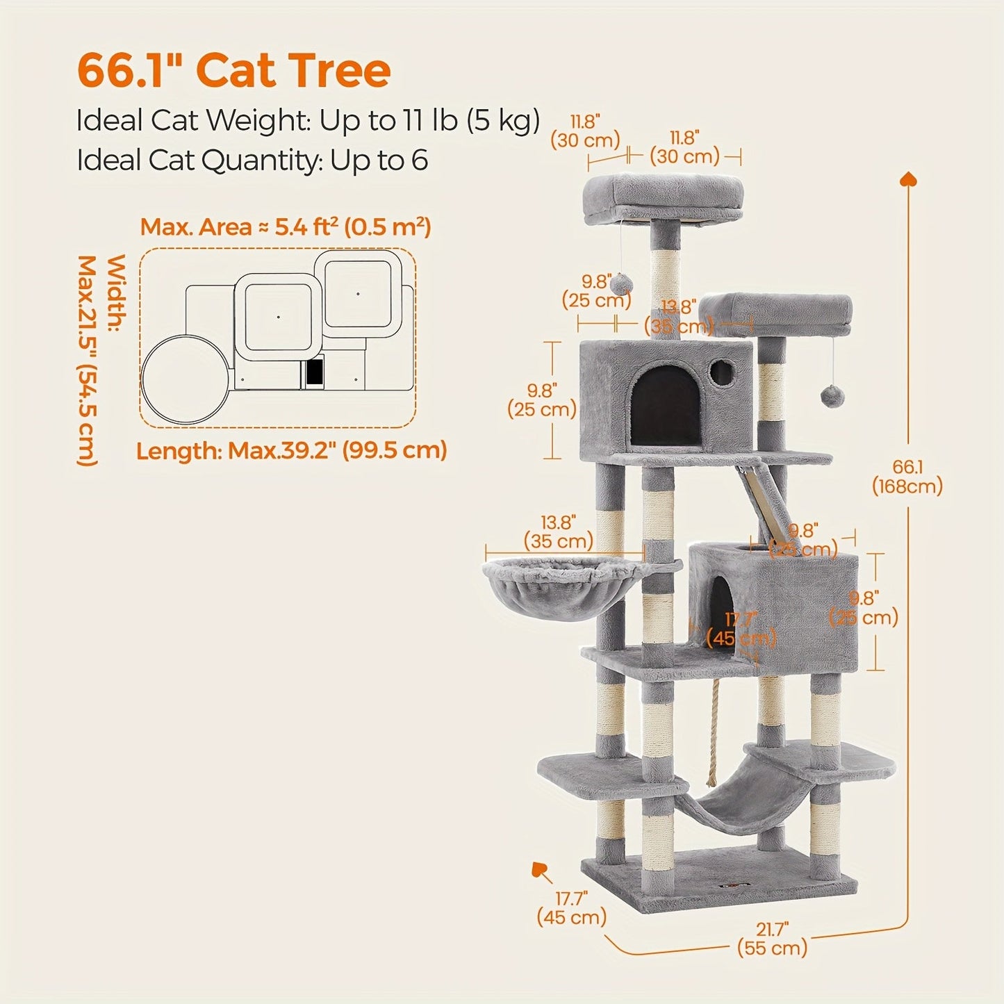 Cat Tree Tower Multi-Level Condo – 44in & 66in with Cozy Cave, Plush Hammock, 4 Sisal Scratching Posts & 2 Perches | Anti-Tilt Stable Cat Playhouse for Multi-Cat Families, Easy Assembly