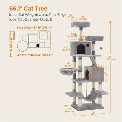 Cat Tree Tower Multi-Level Condo – 44in & 66in with Cozy Cave, Plush Hammock, 4 Sisal Scratching Posts & 2 Perches | Anti-Tilt Stable Cat Playhouse for Multi-Cat Families, Easy Assembly
