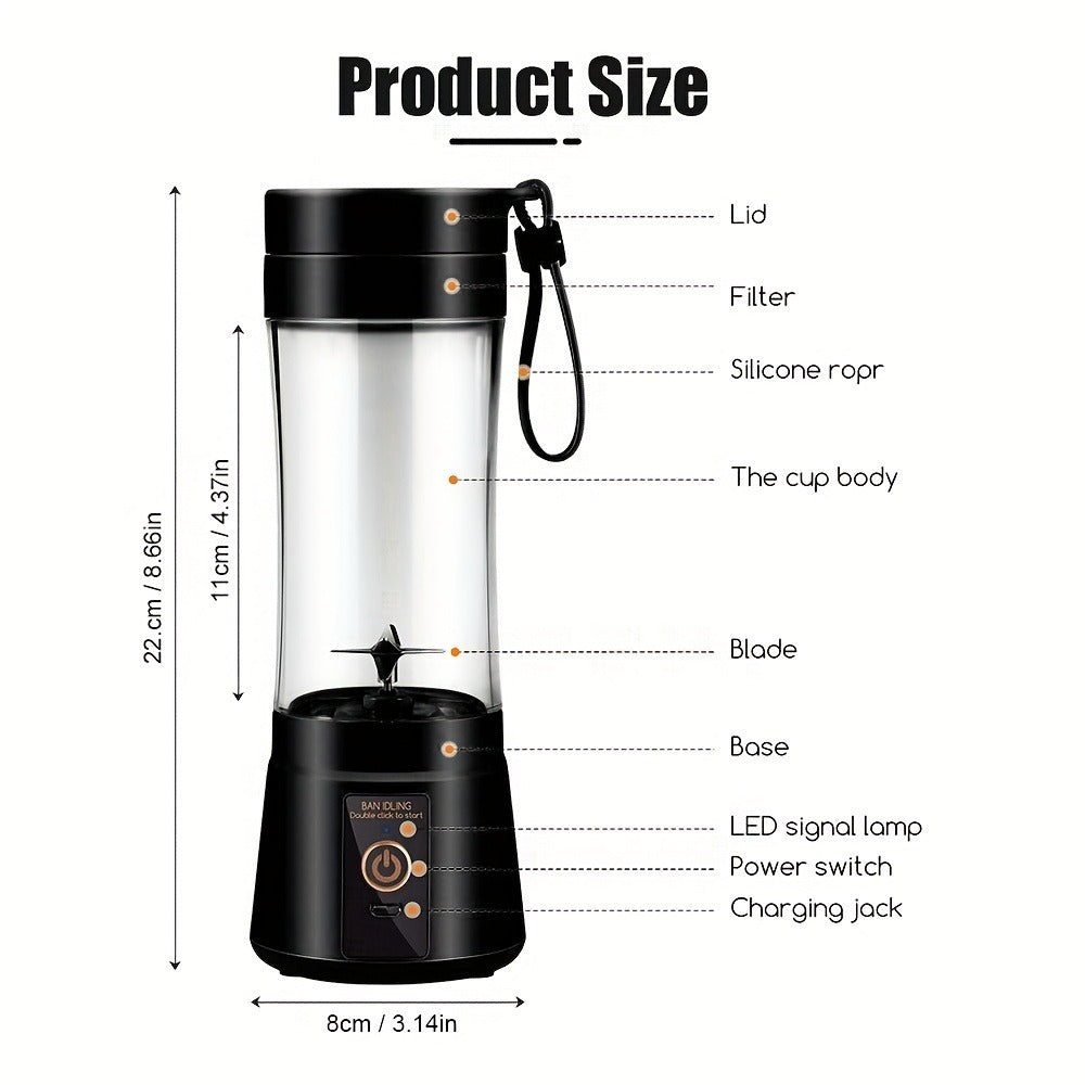 Portable Blender Cup USB Rechargeable 380ML - Mini Personal Blender with 6 Blades for Smoothies, Shakes & Juice, Compact Travel Blender for Office, Gym, Picnic & Outdoor, 5 Colors