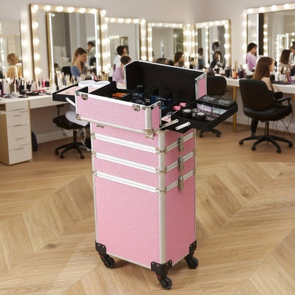 Rolling Makeup Case Aluminum 4-in-1 Extra Large Professional Cosmetic Trolley with 360° Swivel Wheels for Makeup Artist Tattoo Artist Salon Travel Black Pink Silver