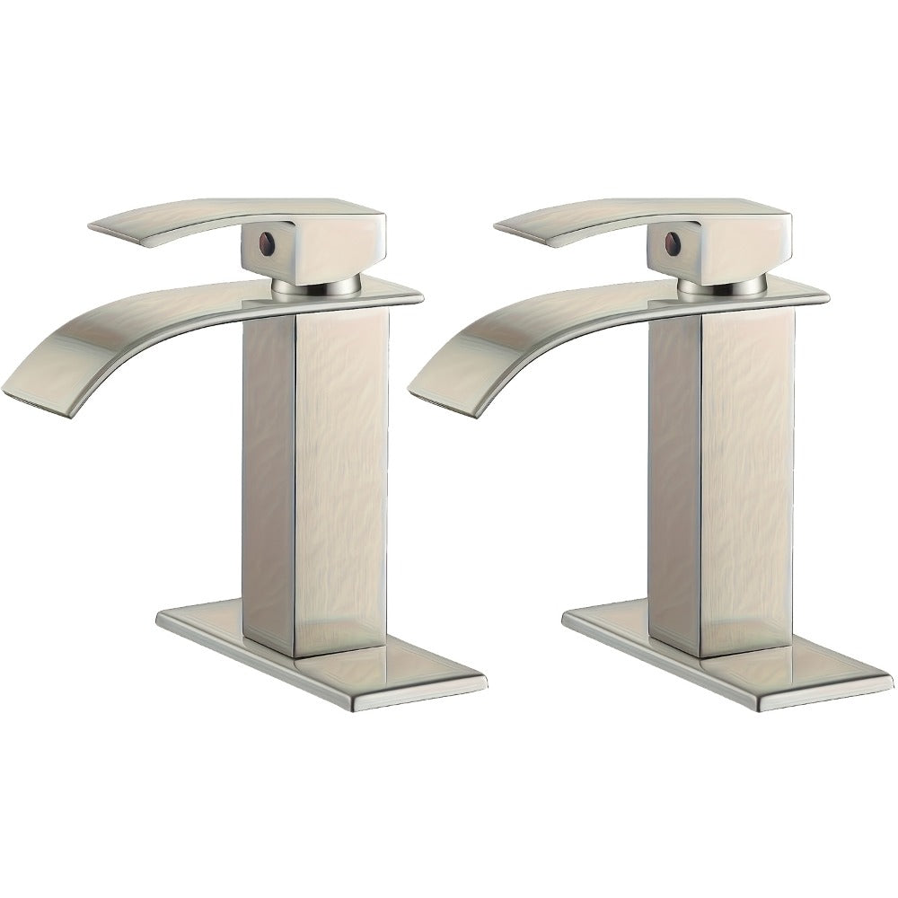 Waterfall Bathroom Sink Faucet, Single Hole or 3-Hole Mixer Tap with 6" Deck Plate, Ceramic Valve, Vanity Faucet for Farmhouse RV Bathroom, Brushed Gold Matte Black Nickel Chrome