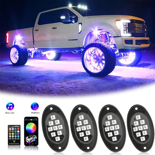 RGB Rock Lights Kit for Trucks & Cars, Sound-Activated LED Underbody Lights with APP & Remote Dual Control, 9 Large Beads Multicolor Chassis Neon Footwell Lighting for Pickup Off-Road