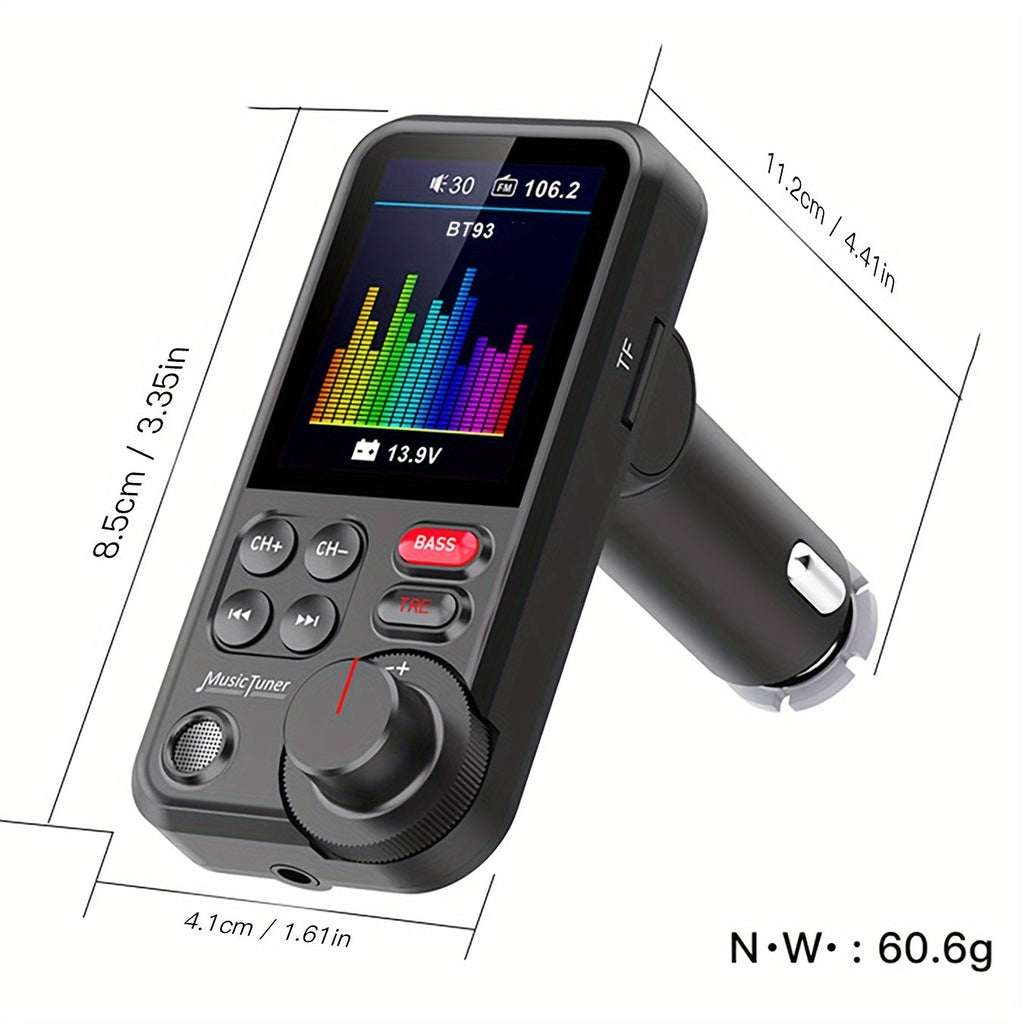 Car FM-BT 5.3 Transmitter with Enhanced Microphone, Wireless Car Adapter, 1.8" Color Screen, Hands-Free Calling, QC3.0 Fast Charging, Supports 64GB USB Drive & 64GB TF Card, And Bass/Treble Music Player.