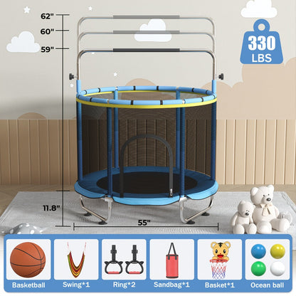 60 Inch Trampoline with Enclosure and Gymnastics Bar – 440 Lbs Capacity Height Adjustable Indoor Outdoor Round Trampoline with Toys for Kids | Best Birthday Gift for Boys and Girls