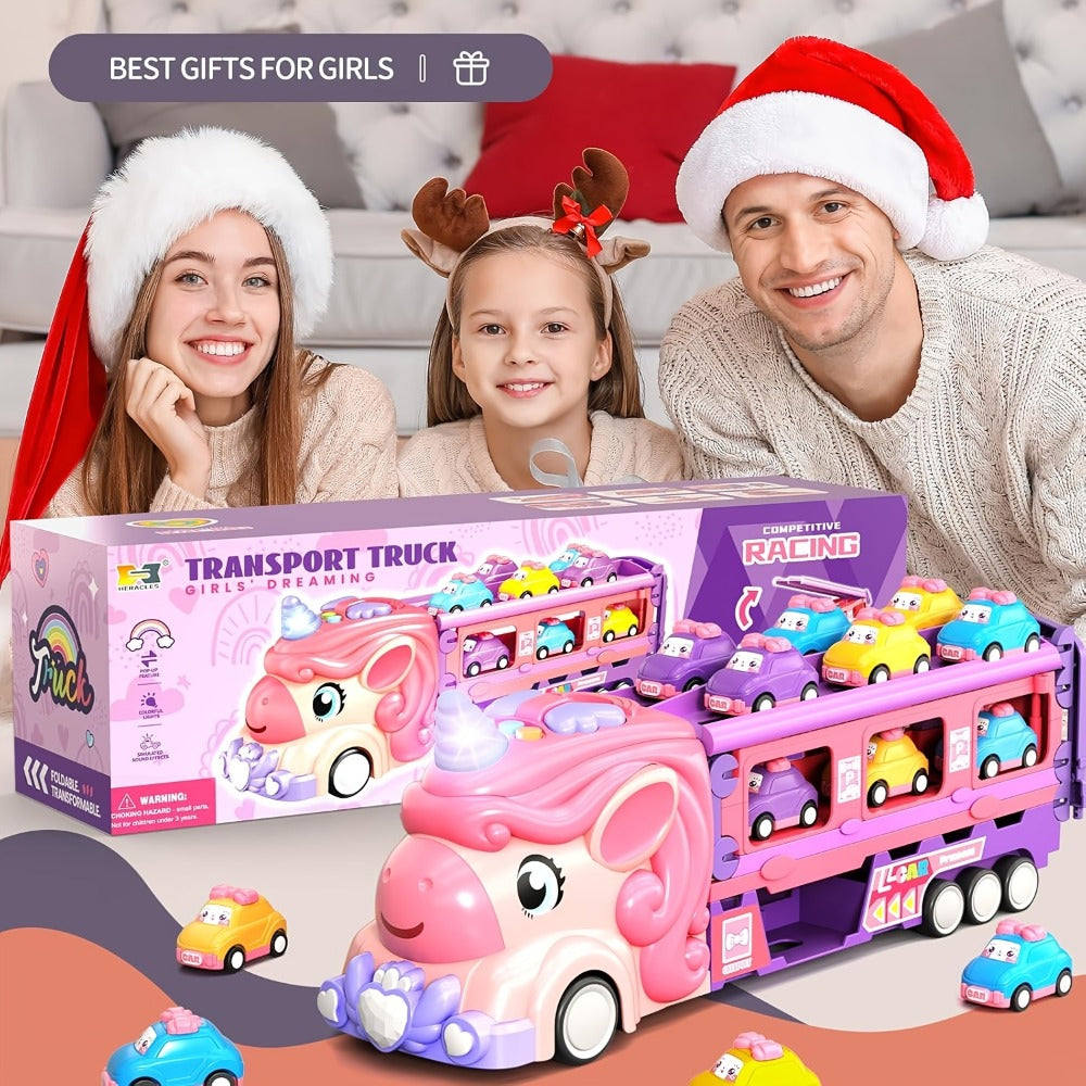 Pink Unicorn Monster Truck Track Set with 8 Princess Cars, Lights & Sounds – Friction Power 2-Player Fold-Out Track Toy for Girls Boys Ages 3+, Birthday Holiday Gift