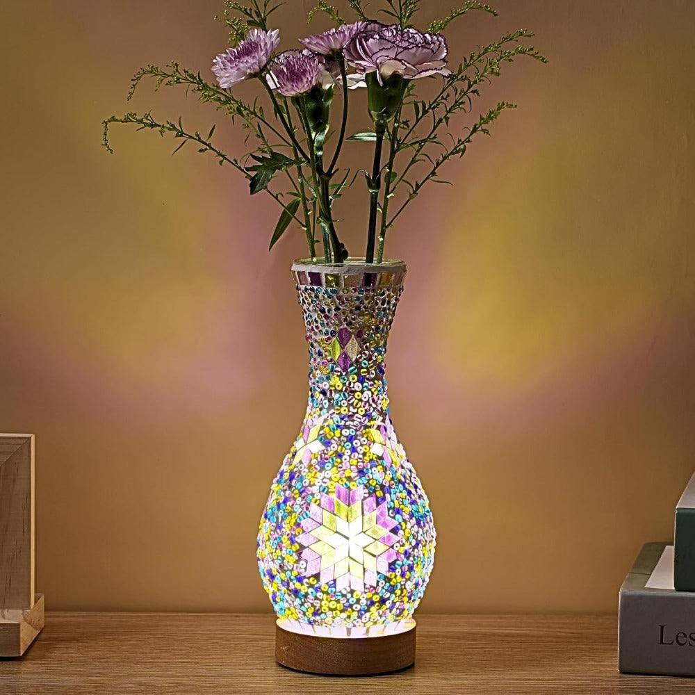 Mosaic Vase Lamp Turkish Moroccan Handmade Colorful Glass Table Lamp with Wooden Base – USB Plug-In Boho Night Light, Flower Vase Lamp for Bedroom Living Room Decor, Bohemian Mosaic Desk Lamp Gift