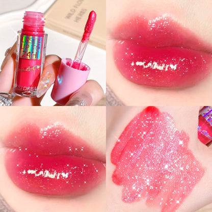24H Waterproof Glitter Lip Gloss & Lip Stain Set 3PCS – Moisturizing Lip Oil Formula, Long-Lasting Smudge-Proof Glitter Shine in Berry Coral Pink Red Shades for Women All Skin Tones