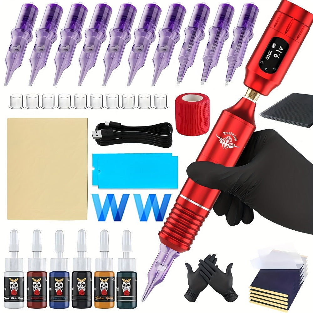 Rotary Tattoo Machine Kit 67pcs – Complete Wireless Tattoo Pen Set with Cartridge Needles, Power Supply, Practice Skin, Inks & Transfer Paper for Beginners & Artists