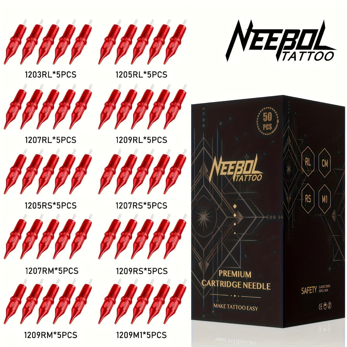 Assorted Tattoo Cartridge Needles Set 20/50pcs - Round Liner Shader Curved Mag Mixed Pack, #10 Bugpin #12 Standard, 3RL 5RL 7RL 9RL 11RL 5RS 7RS 9RS 7RM 9RM 9M1 for Rotary Pen & Coil Tattoo Machine Gun