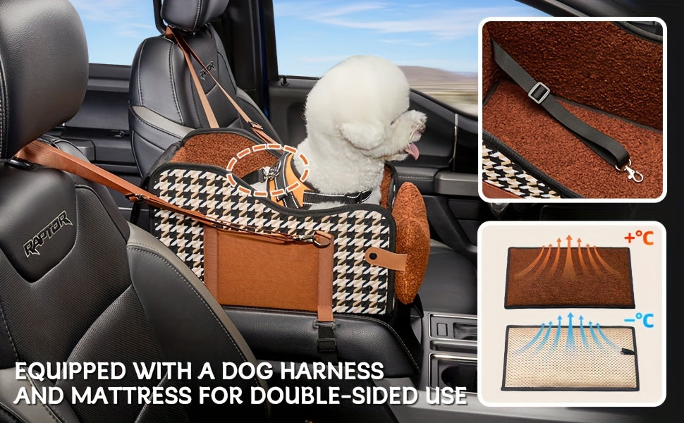 Comfortable Central Console Dog Car Seat, Portable Cozy Booster Car Seat, Deluxe Pet Car Seat for Dogs & Cats with Safety Harness, Breathable Mesh & Soft Padding - for Safe & Comfortable Trave