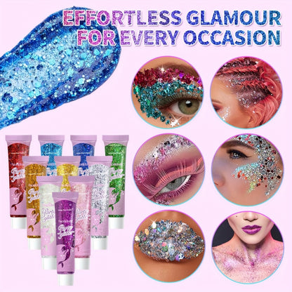 Face Body Glitter Gel Set 30 Pieces — Colorful Shapes Mermaid Sequin Stars Hearts, Transparent Gel Base, Skin-Safe Shimmer Makeup for Festivals, Raves, Halloween, Cosplay & Parties