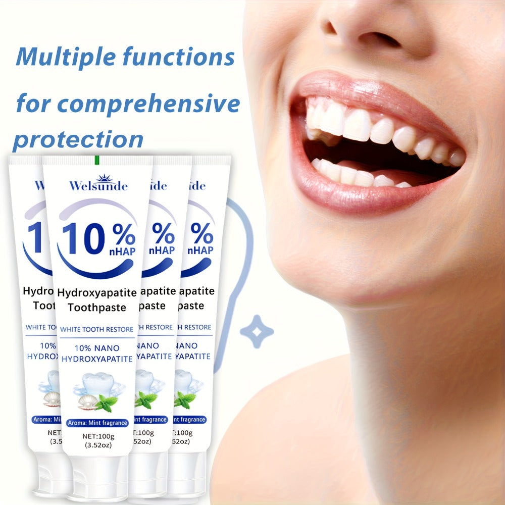 Hydroxyapatite Toothpaste 4-Pack – 10% Nano Formula with Baking Soda, Deep Cleaning & Whitening Gel, Mint Fresh Breath, Fluoride-Free Daily Oral Care for Everyone, Home & Travel Sleek Tube Design (400g)