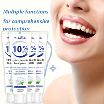 Hydroxyapatite Toothpaste 4-Pack – 10% Nano Formula with Baking Soda, Deep Cleaning & Whitening Gel, Mint Fresh Breath, Fluoride-Free Daily Oral Care for Everyone, Home & Travel Sleek Tube Design (400g)