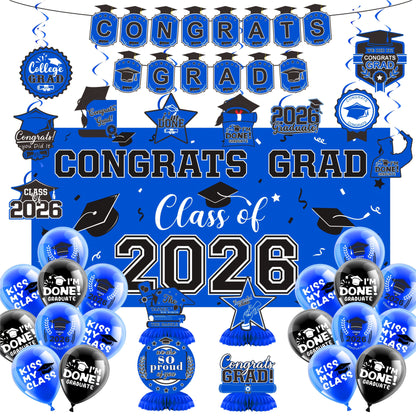 Class of 2026 Graduation Party Decorations – Complete Set with Backdrop Banner Hanging Swirls Balloons & Honeycomb Supplies, 6 Color Options Purple Maroon Blue Red Green Gold