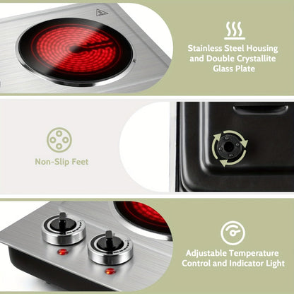 Electric Infrared Cooktop Double Burner Hot Plate – 1800W Portable Dual Temperature Control, Easy-Clean Smooth Surface, Countertop Infrared Stove for Home Kitchen & Dorm, Black or Silver