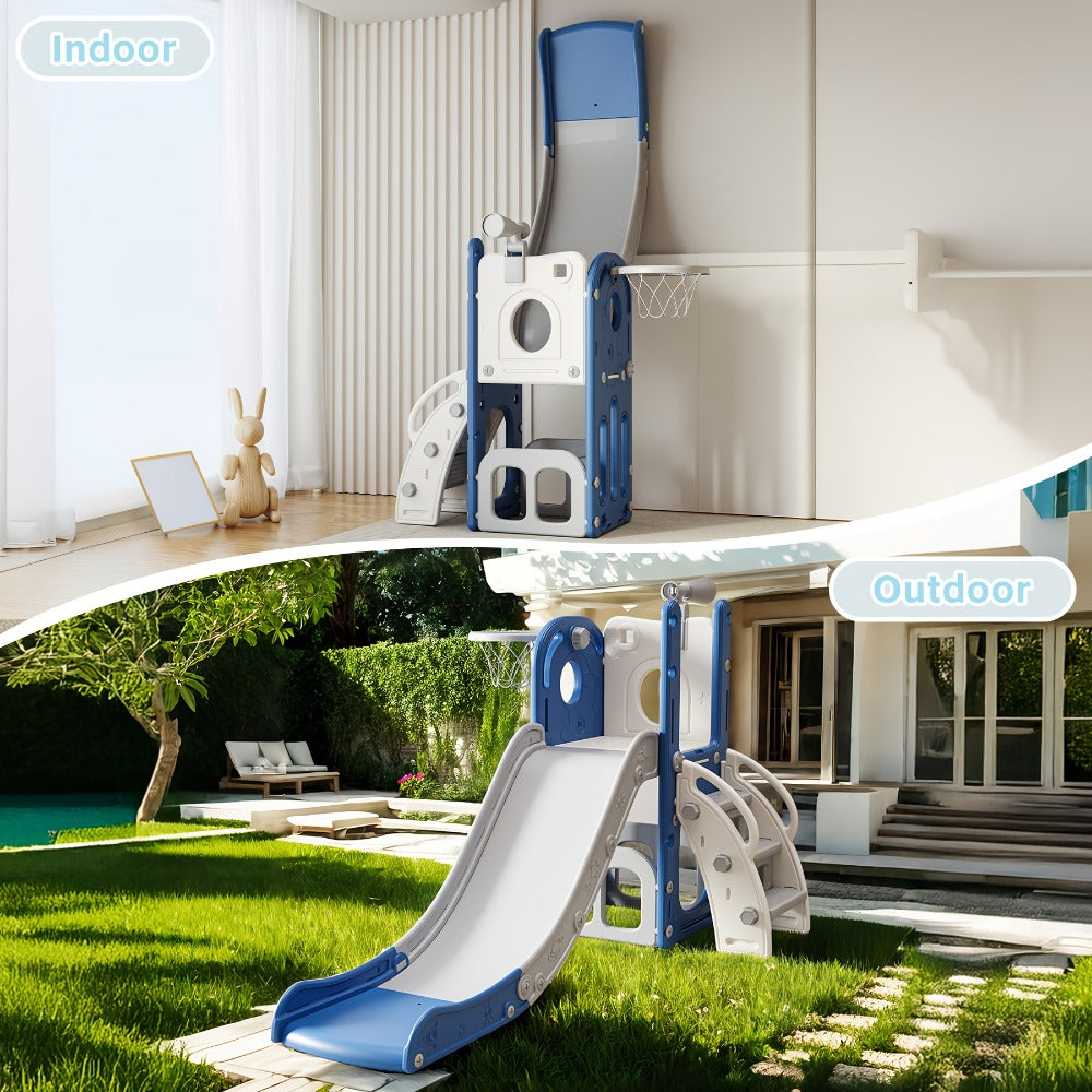 Toddler Slide & Climber Playset L-Shaped Indoor Outdoor Playground with Basketball Hoop Storage Telescope Easy Assembly Birthday Gift Boys Girls