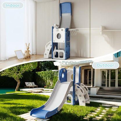 Toddler Slide & Climber Playset L-Shaped Indoor Outdoor Playground with Basketball Hoop Storage Telescope Easy Assembly Birthday Gift Boys Girls