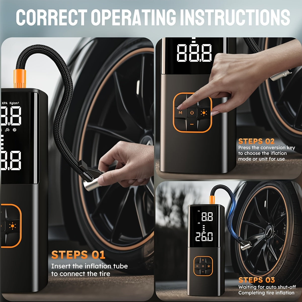Portable Tire Inflator with Digital Pressure Gauge, Car Tire Pump, 2026 New Model, 180PSI, Rechargeable Battery, LED Light, Cordless Air Pump, Wireless Bicycle Tire Pump, Suitable for Cars, Motorcycles, Bicycles, Balls, Etc.