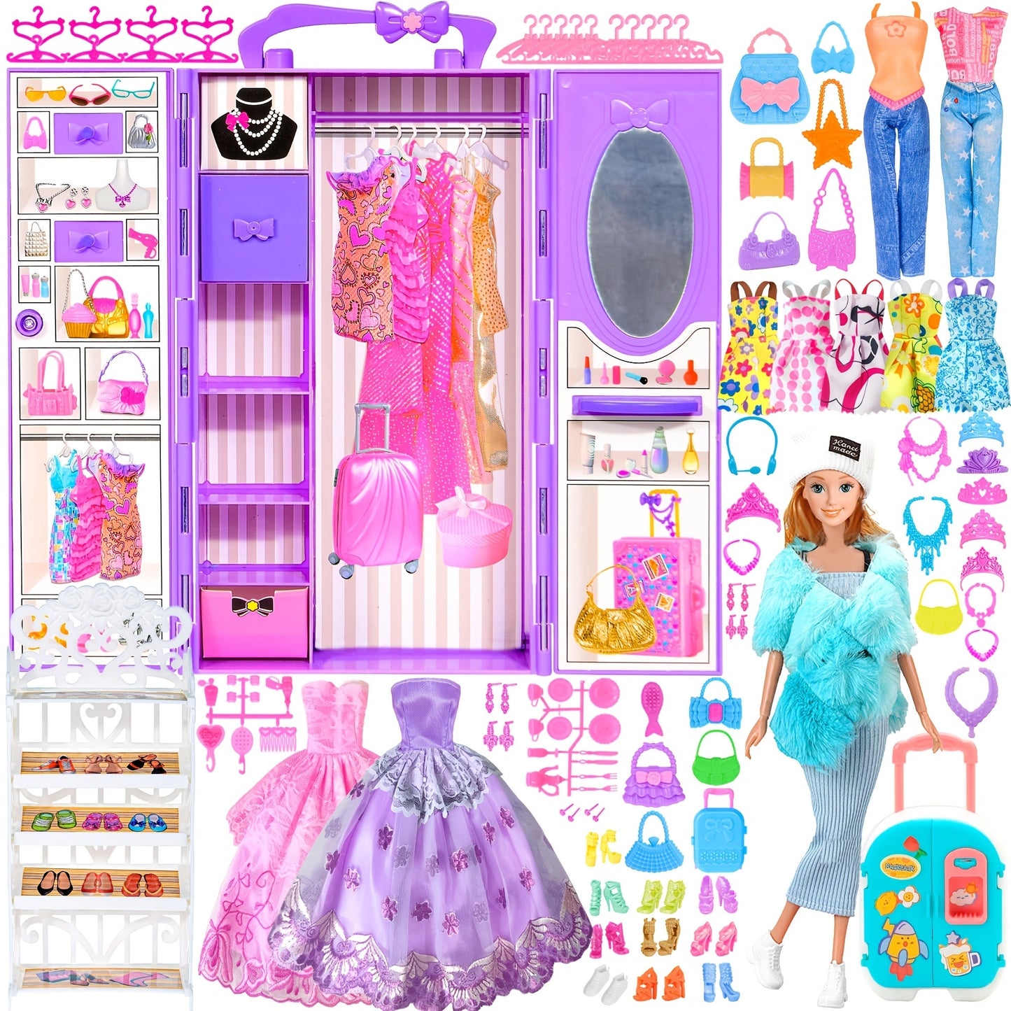 Doll Closet Playset 108 Piece with 11.5 Inch Fashion Doll Purple Wardrobe Wedding Gowns Shoes Handbags Crowns & Accessories – Ultimate Barbie-Size Fashion Gift for Girls Ages 6-12 Birthday Christmas