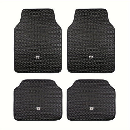 Luxury Car Floor Mats PU Leather Rhinestone Crown Embroidery – Glitter 3D Embossed Foot Pad, Easy Clean, Unisex, Red & Black