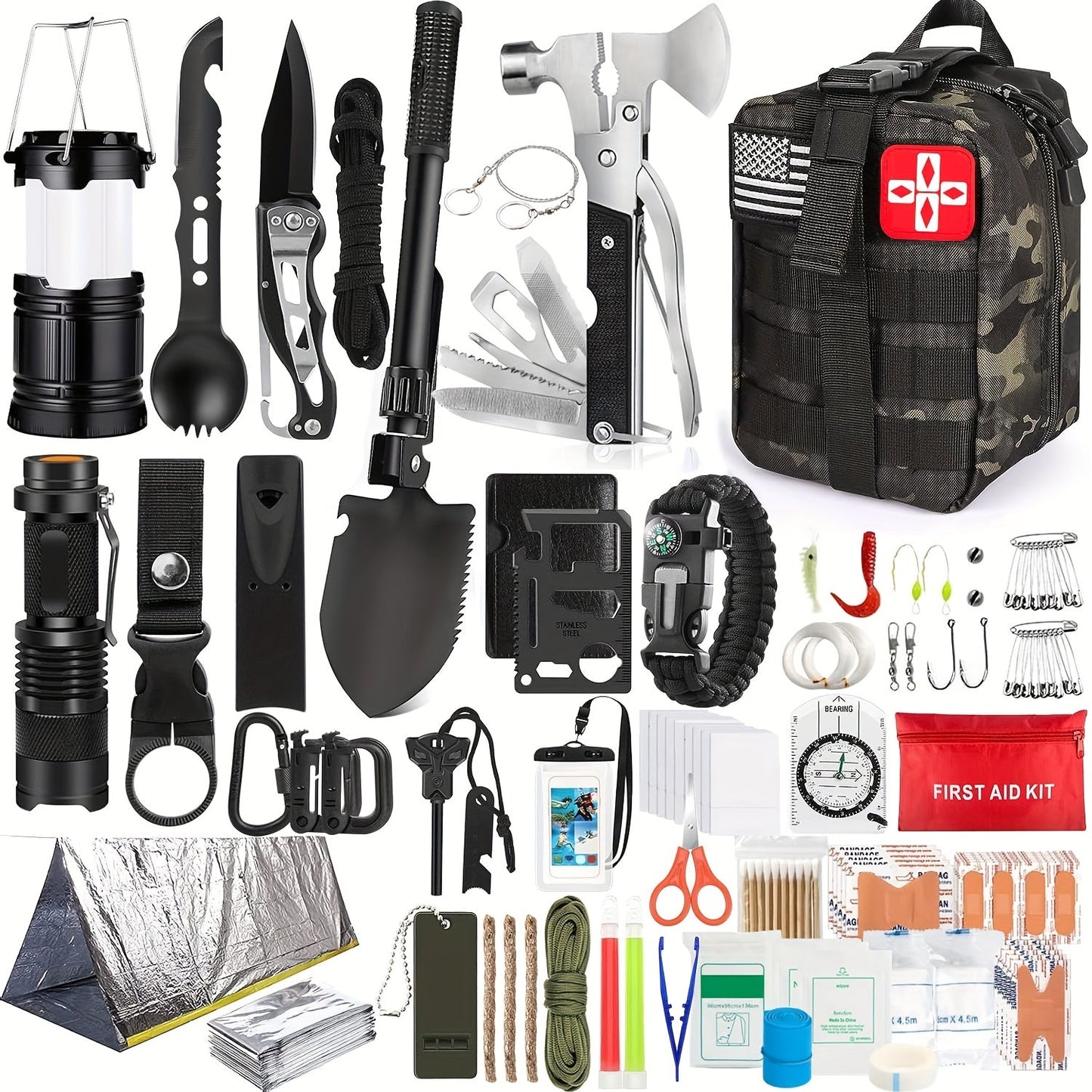 Survival Kit with Fire Starter & Compass – 14/152/258 Piece Outdoor Survival Gear Set for Camping, Hiking & Emergency | Perfect Gift for Men