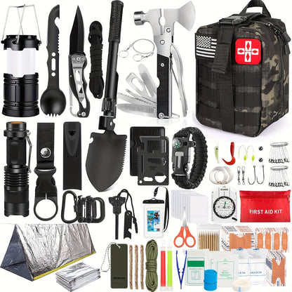 Survival Kit with Fire Starter & Compass – 14/152/258 Piece Outdoor Survival Gear Set for Camping, Hiking & Emergency | Perfect Gift for Men