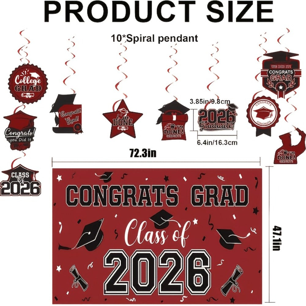 Class of 2026 Graduation Party Decorations – Complete Set with Backdrop Banner Hanging Swirls Balloons & Honeycomb Supplies, 6 Color Options Purple Maroon Blue Red Green Gold