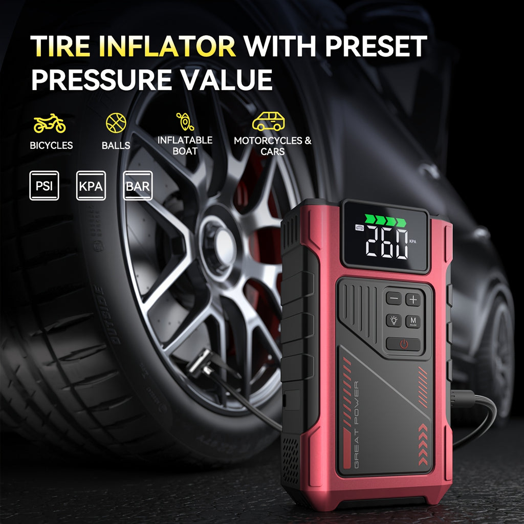 9-in-1 Portable Jump Starter with Air Compressor, 12V Car Battery Jump Starter, Portable Car Battery Charger, Fits 2.11gal Gas/ 1.72gal Diesel Fast Car Starting, USB Input & Output, LED Emergency Light, Auto Accessory Tool, Christmas Gift