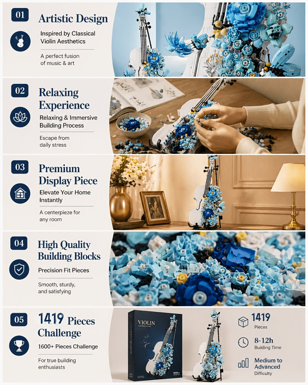 Flower Violin Building Block Set 1419pcs – 3D Musical Instrument Brick Model for Adults & Teens, Elegant Home Office Decor Display, Unique Birthday Father's Day Christmas Gift for Music Lovers